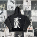 ERD Vintage Washed Black Retro Female Portrait Text‑Print Cropped Oversized Hoodie