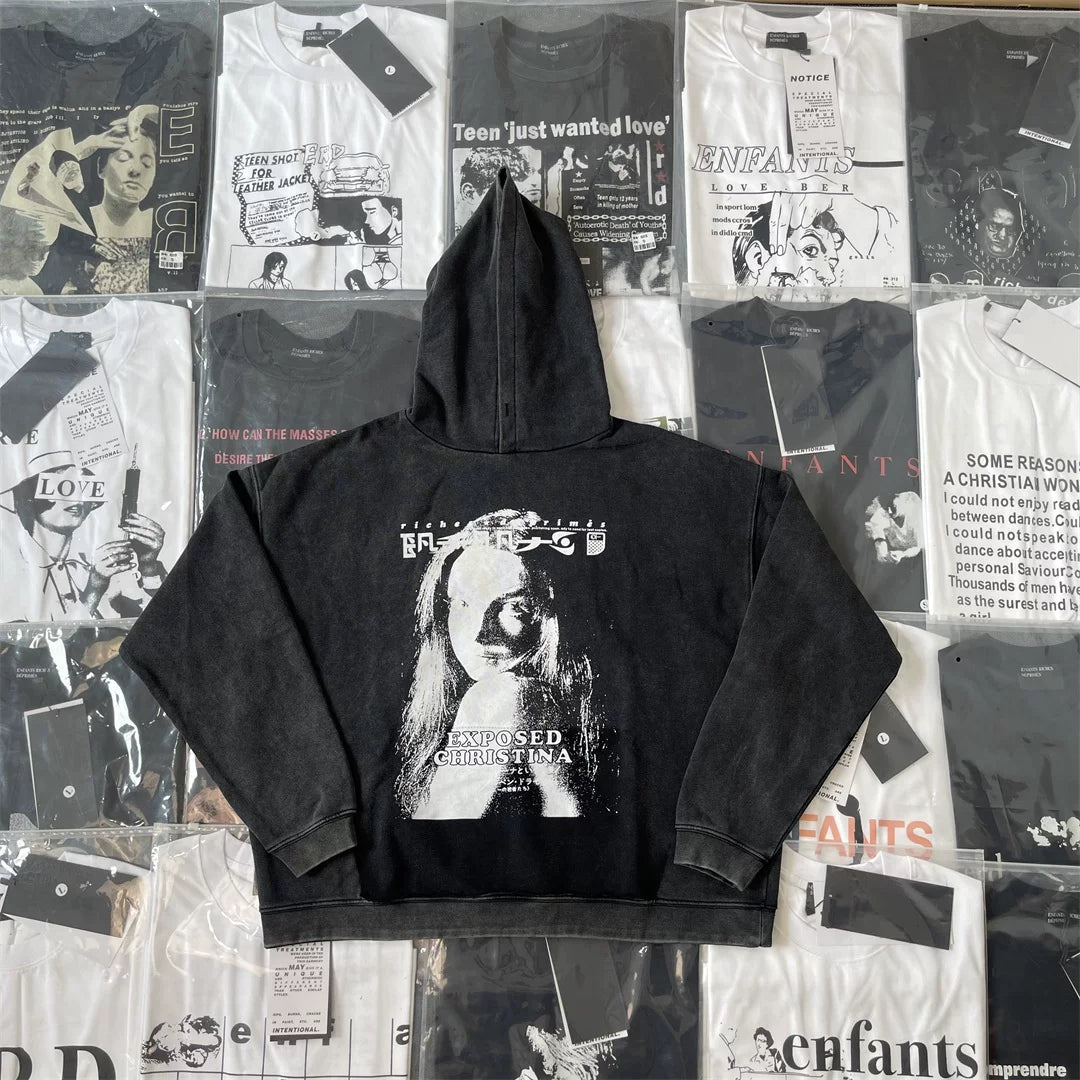 ERD Vintage Washed Black Retro Female Portrait Text‑Print Cropped Oversized Hoodie