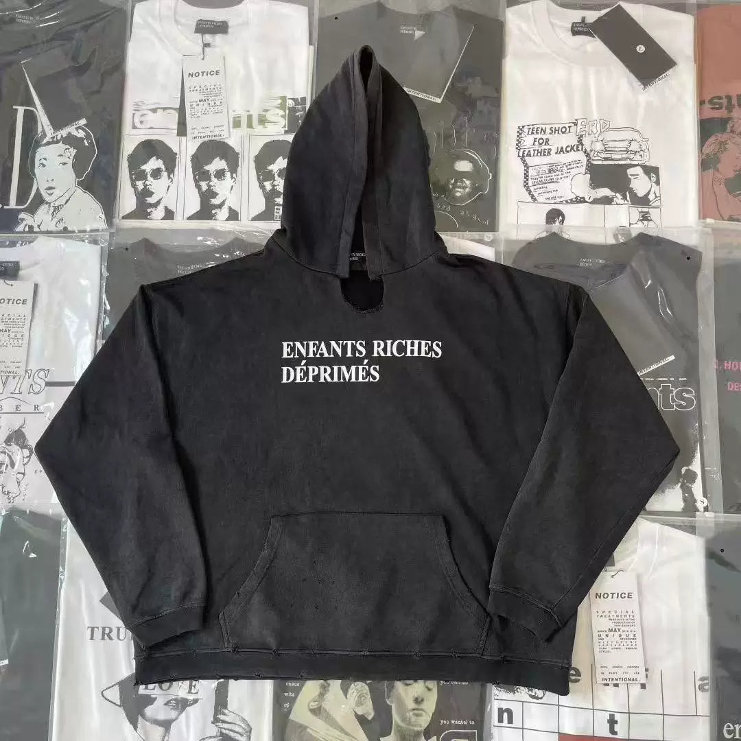 ERD Vintage Washed Black Enfants Riches Déprimés White Logo Neck Cut‑Out Distressed Cropped Oversized Unisex Hoodie