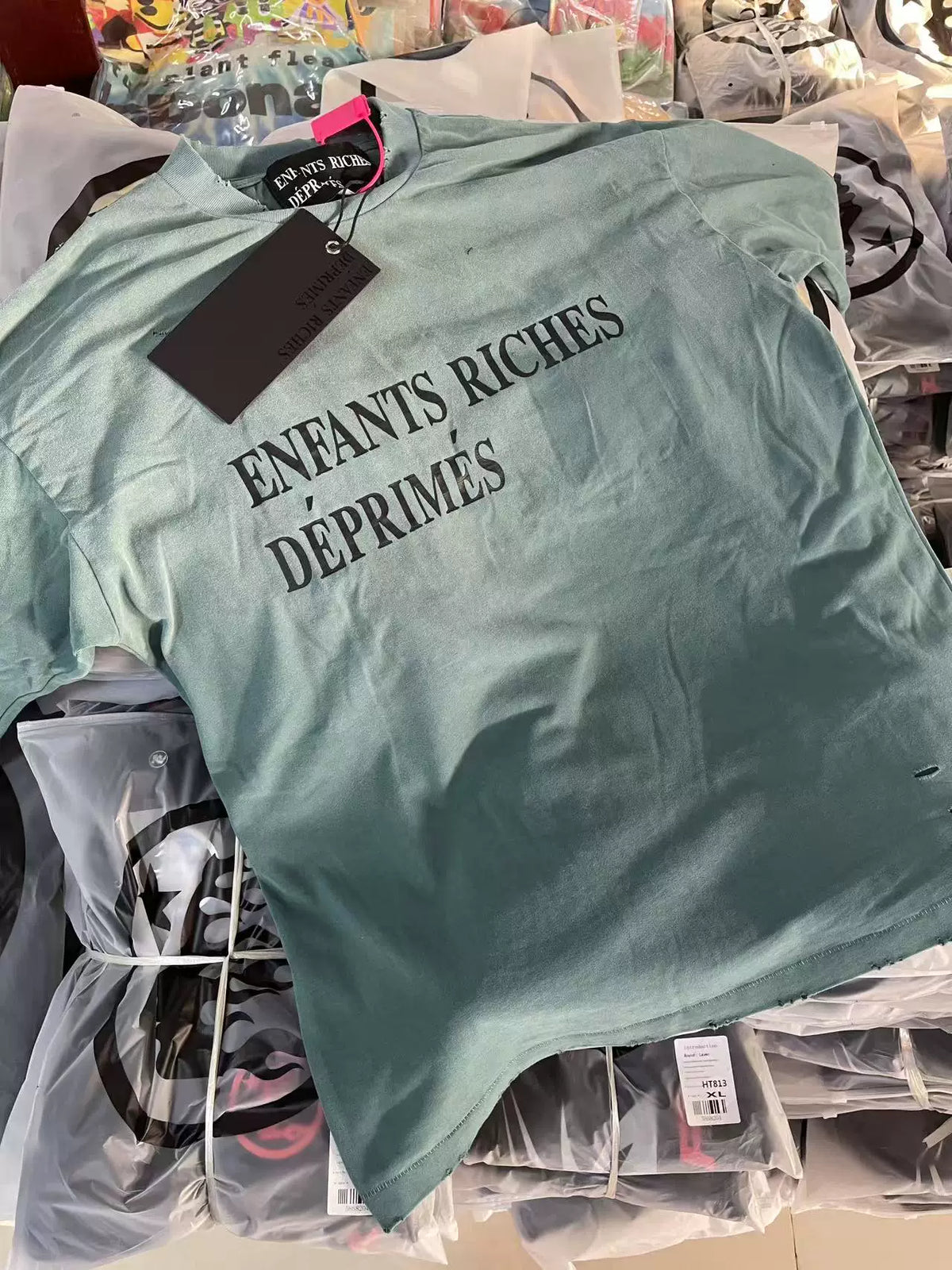 ERD Vintage Washed Teal Letter Print Distressed Oversized T‑Shirt
