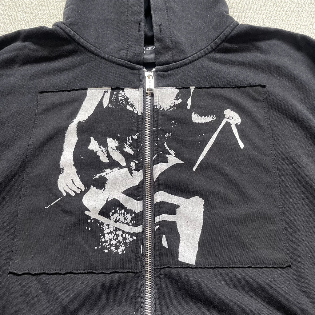 Vintage Washed Collage Portrait Patch Zip‑Up Oversized Hoodie