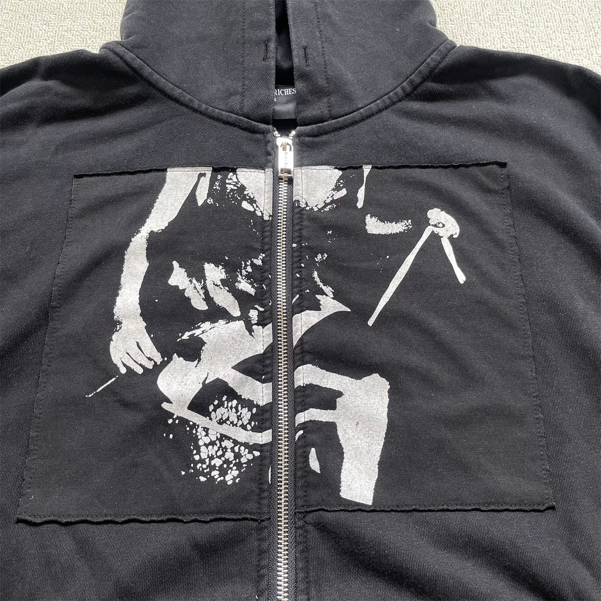Vintage Washed Collage Portrait Patch Zip‑Up Oversized Hoodie