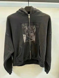 Erd Vintage Washed Black Japanese Text Patch Figure Cropped Zip‑Up Oversized Hoodie