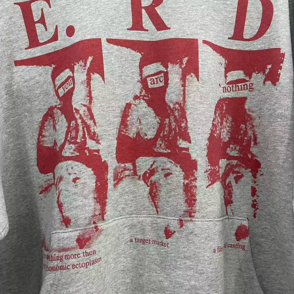 ERD Vintage Washed Grey Big E.R.D Letter Distressed Figure Graphic Cropped Oversized Hoodie
