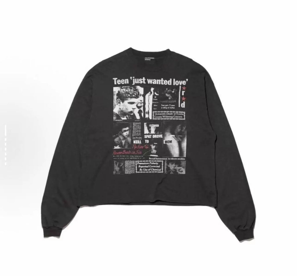 ERD Vintage Washed Newspaper Collage Graphic Cropped Oversized Long Sleeve Tee