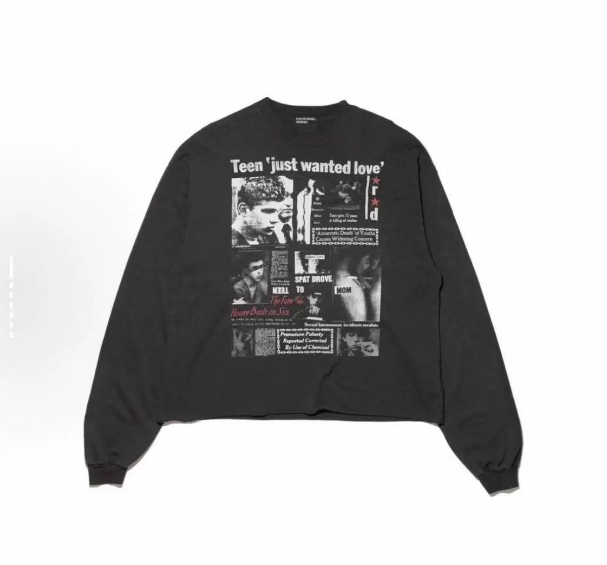 ERD Vintage Washed Newspaper Collage Graphic Cropped Oversized Long Sleeve Tee