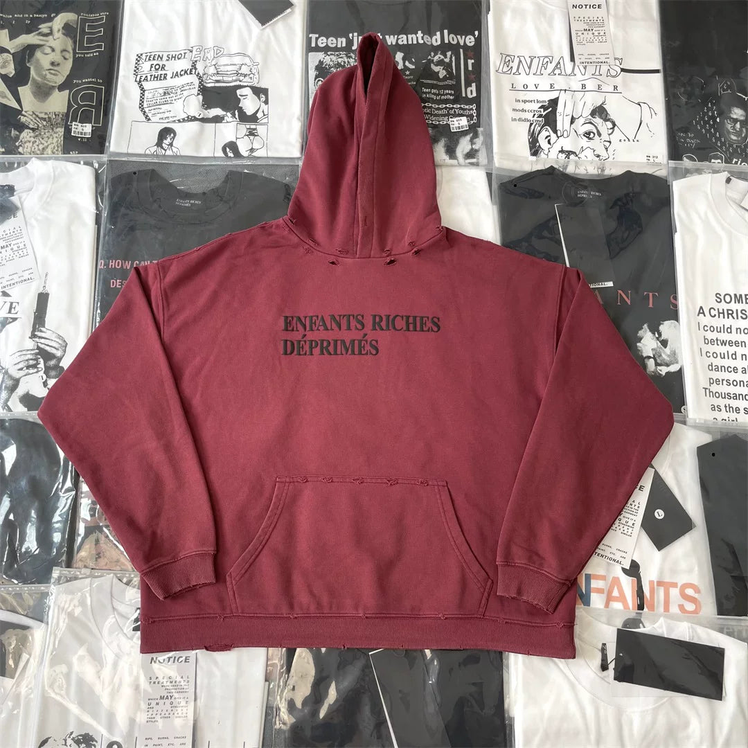 ERD Vintage Washed Burgundy Enfants Riches Déprimés Logo Distressed Cropped Oversized Unisex Hoodie
