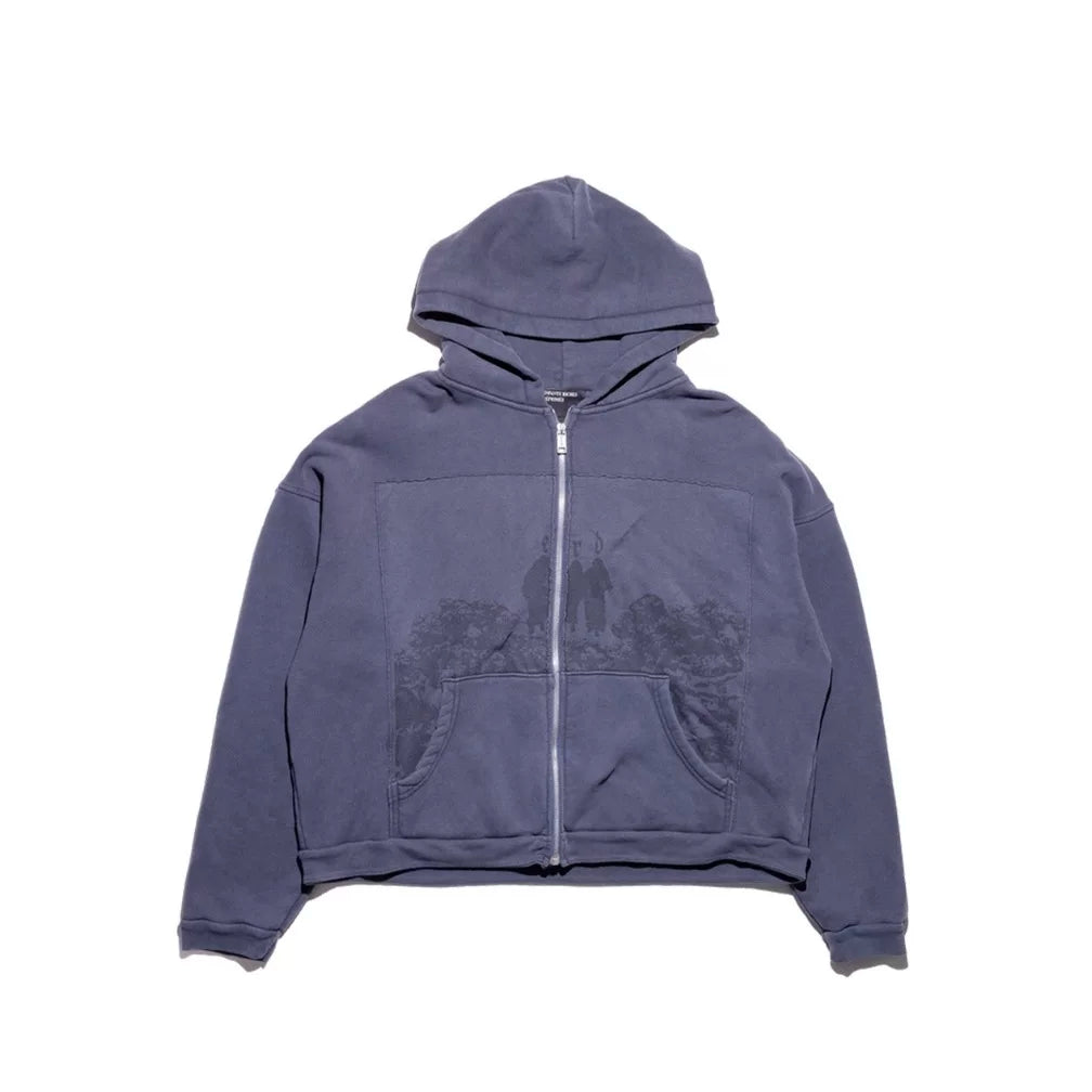 ERD Vintage Washed Navy Figure Landscape Graphic Cropped Zip‑Up Oversized Hoodie