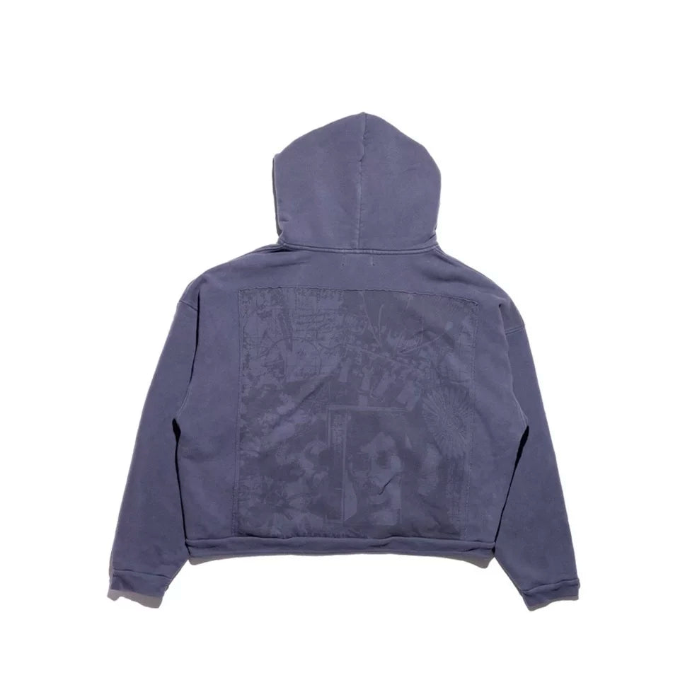 ERD Vintage Washed Navy Figure Landscape Graphic Cropped Zip‑Up Oversized Hoodie