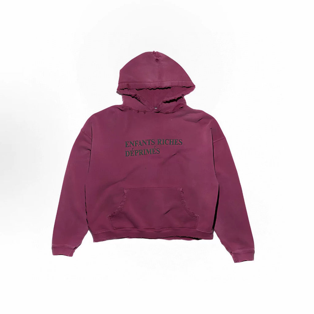 ERD Vintage Washed Burgundy Letter Print Distressed Cropped Oversized Hoodie