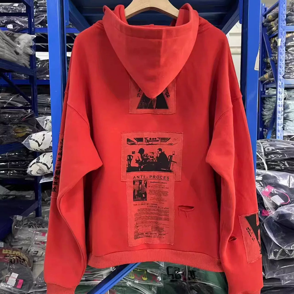 ERD Vintage Washed Red Newspaper Collage Graphic Cropped Zip‑Up Oversized Hoodie