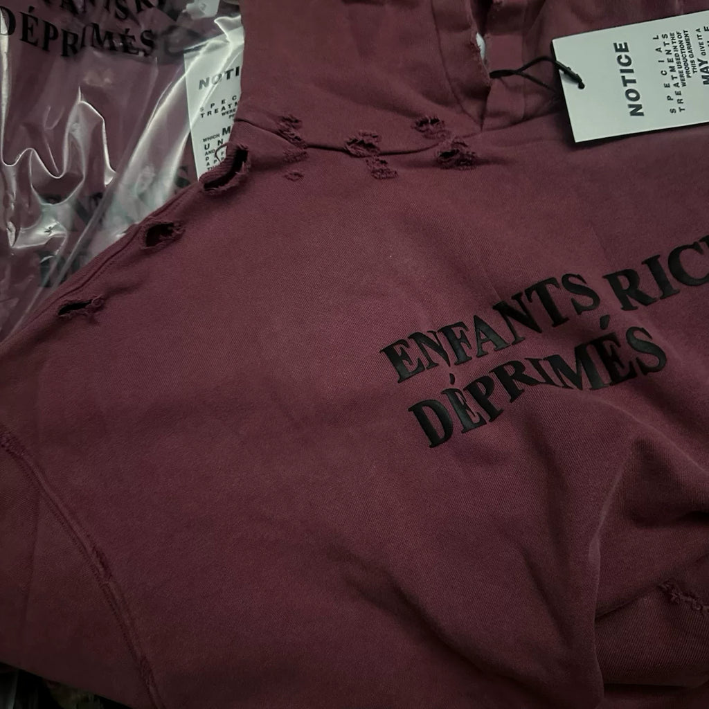 ERD Vintage Washed Burgundy Letter Print Distressed Cropped Oversized Hoodie