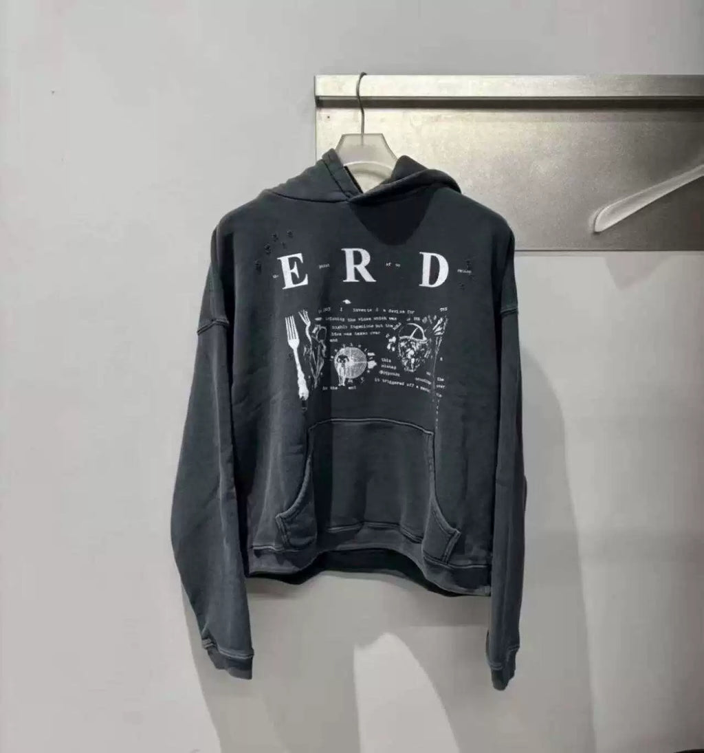 ERD Vintage Washed Black Big E.R.D Letter Newspaper Graphic Cropped Oversized Hoodie