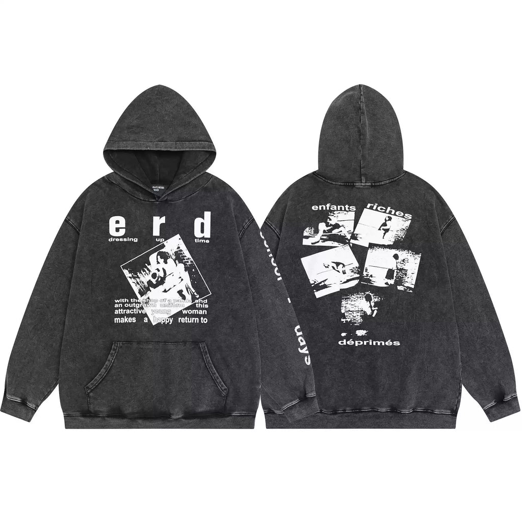 ERD Style Front Back Distressed Print Hoodie