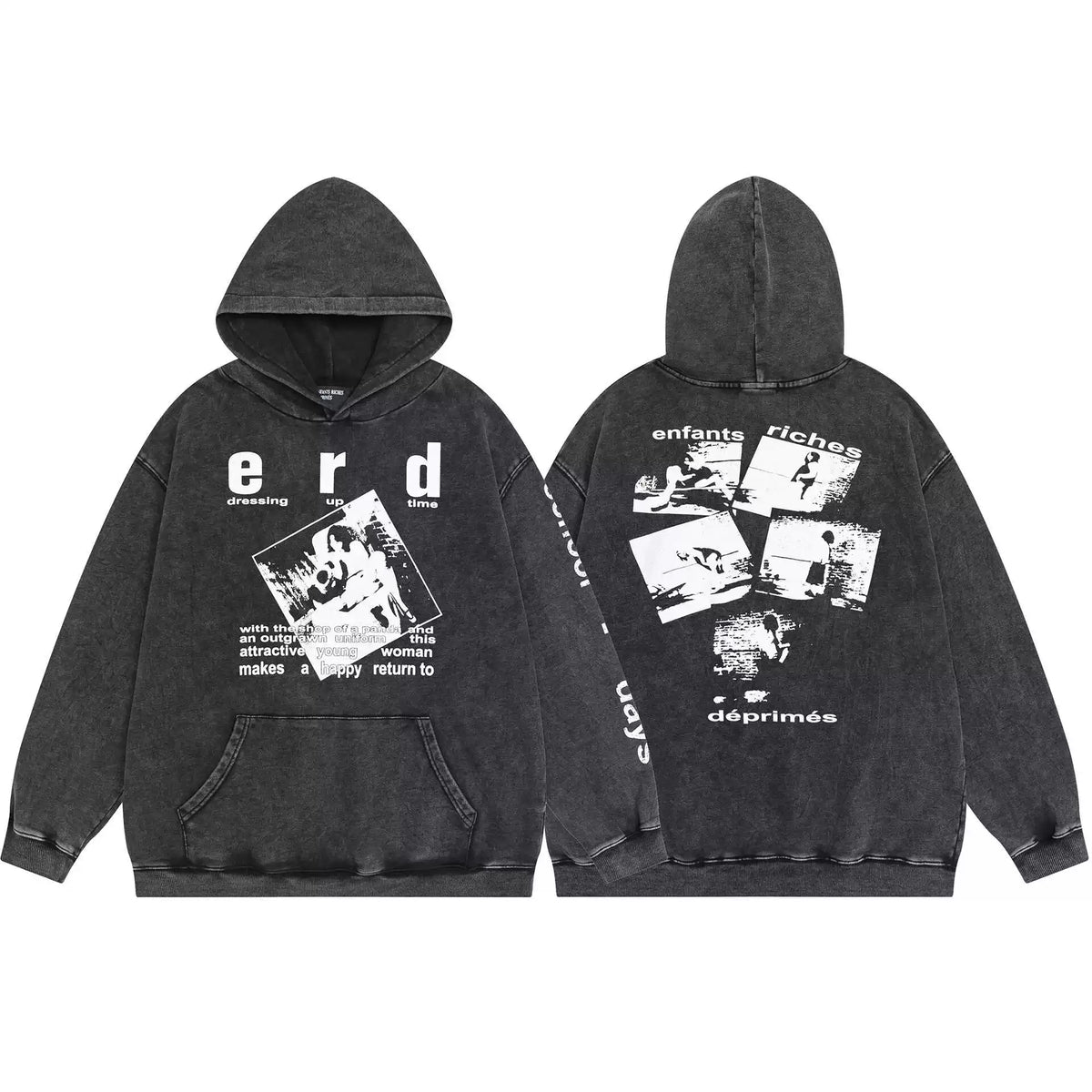 ERD Style Front Back Distressed Print Hoodie