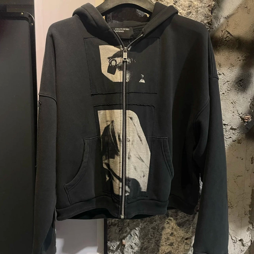 ERD Vintage Washed Patch Figure Graphic Cropped Zip‑Up Unisex Hoodie