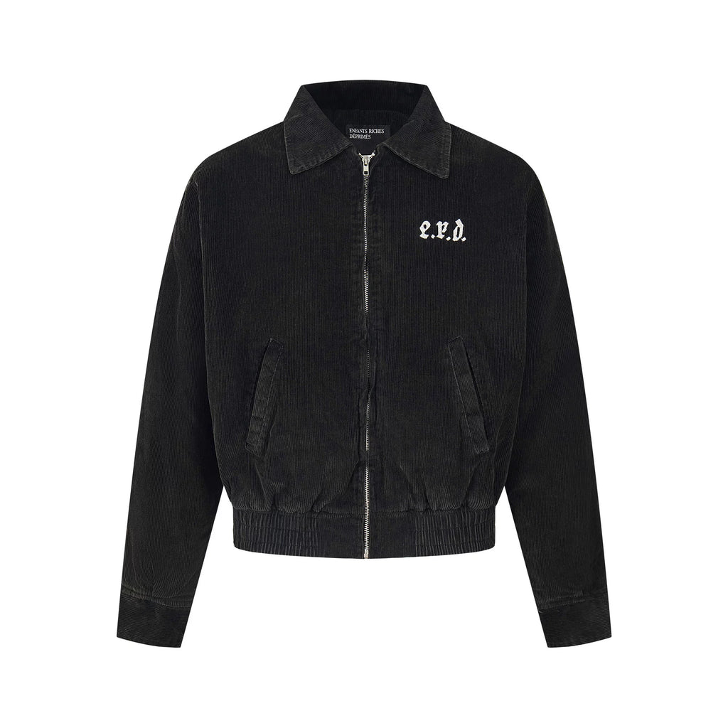 ERD Vintage Washed Black Corduroy Back Figure Graphic Cropped Zip‑Up Oversized Jacket