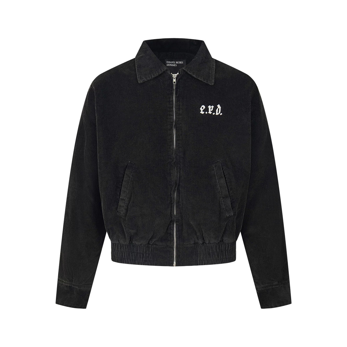 ERD Vintage Washed Black Corduroy Back Figure Graphic Cropped Zip‑Up Oversized Jacket