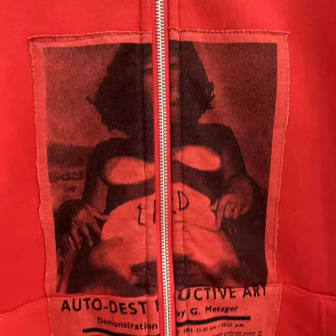 ERD Vintage Washed Red Newspaper Collage Graphic Cropped Zip‑Up Oversized Hoodie