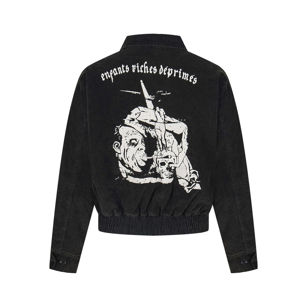 ERD Vintage Washed Black Corduroy Back Figure Graphic Cropped Zip‑Up Oversized Jacket
