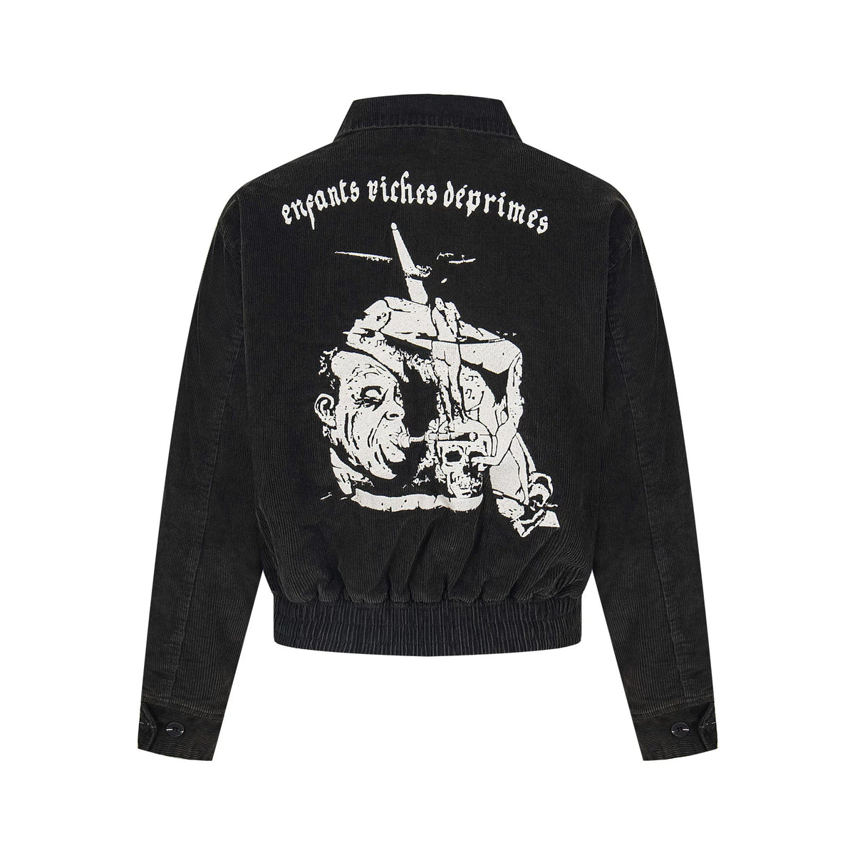 ERD Vintage Washed Black Corduroy Back Figure Graphic Cropped Zip‑Up Oversized Jacket