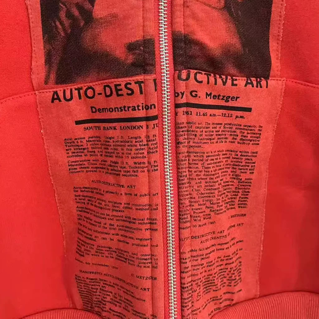 ERD Vintage Washed Red Newspaper Collage Graphic Cropped Zip‑Up Oversized Hoodie