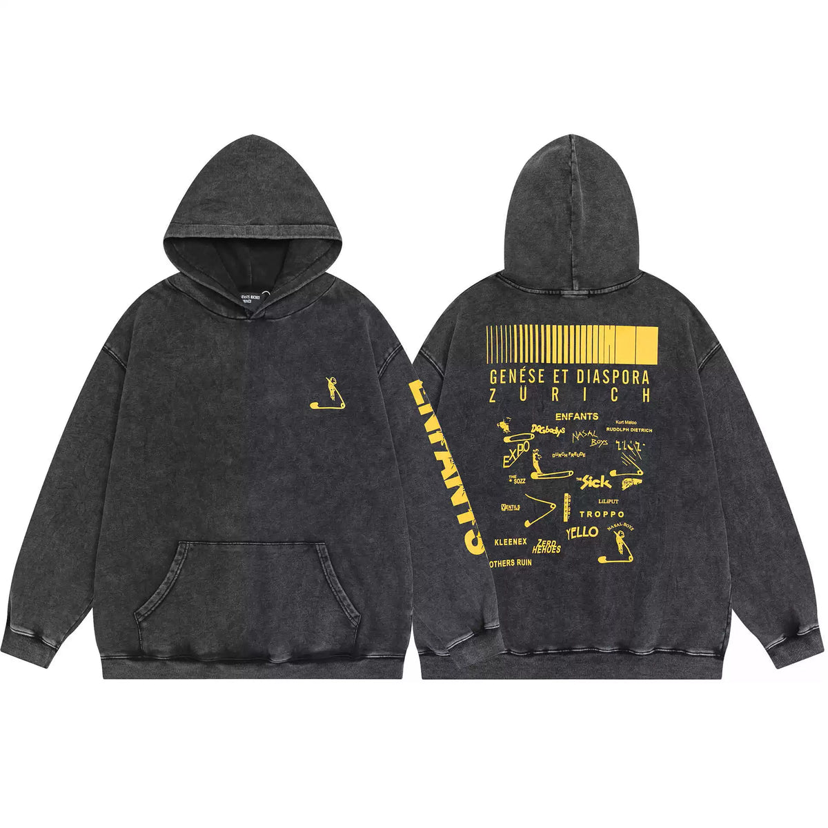ERD Style Front‑Back & Sleeve Yellow Print Hoodie