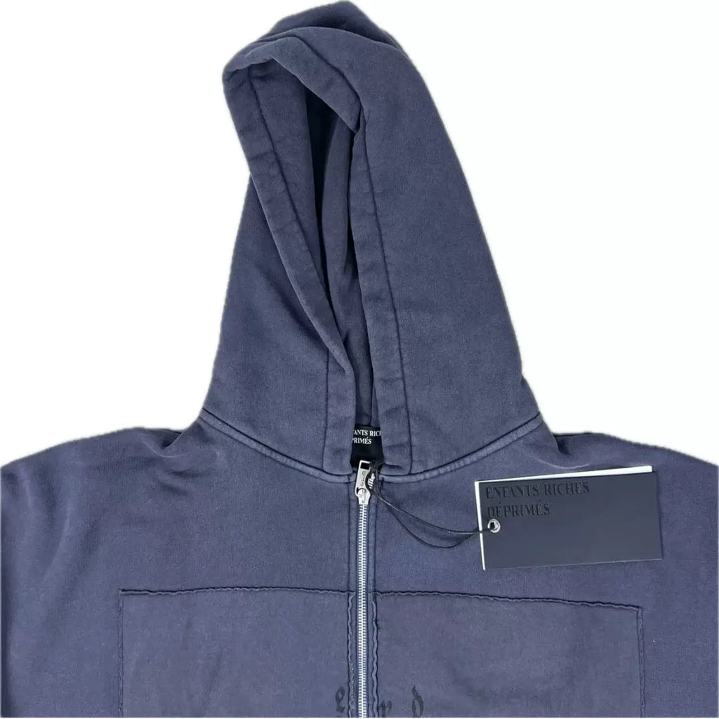 ERD Vintage Washed Navy Figure Landscape Graphic Cropped Zip‑Up Oversized Hoodie