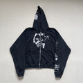 Vintage Washed Collage Portrait Patch Zip‑Up Oversized Hoodie