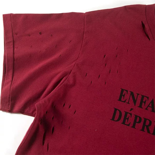 Burgundy Distressed Ripped French Letter Oversized T‑Shirt