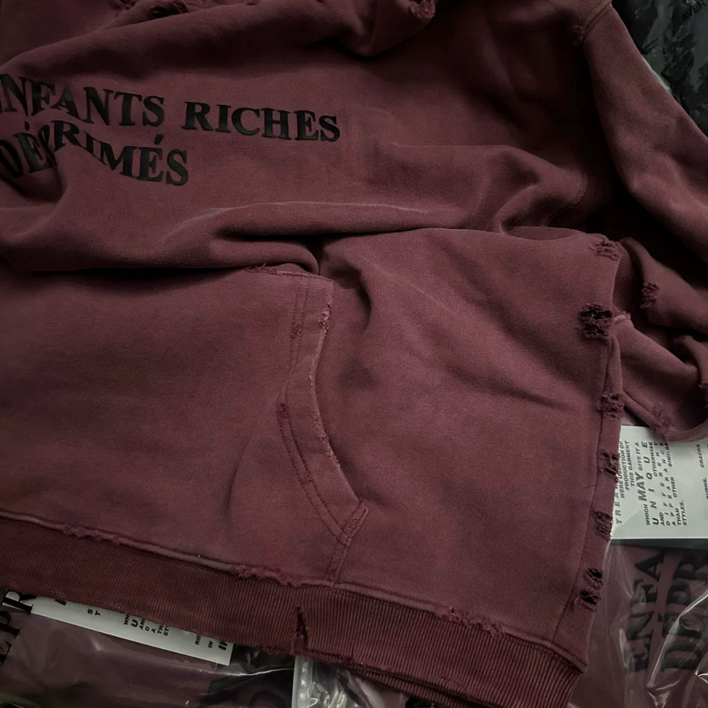 ERD Vintage Washed Burgundy Letter Print Distressed Cropped Oversized Hoodie