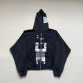 Vintage Washed Art Patch Zip‑Up Oversized Hoodie