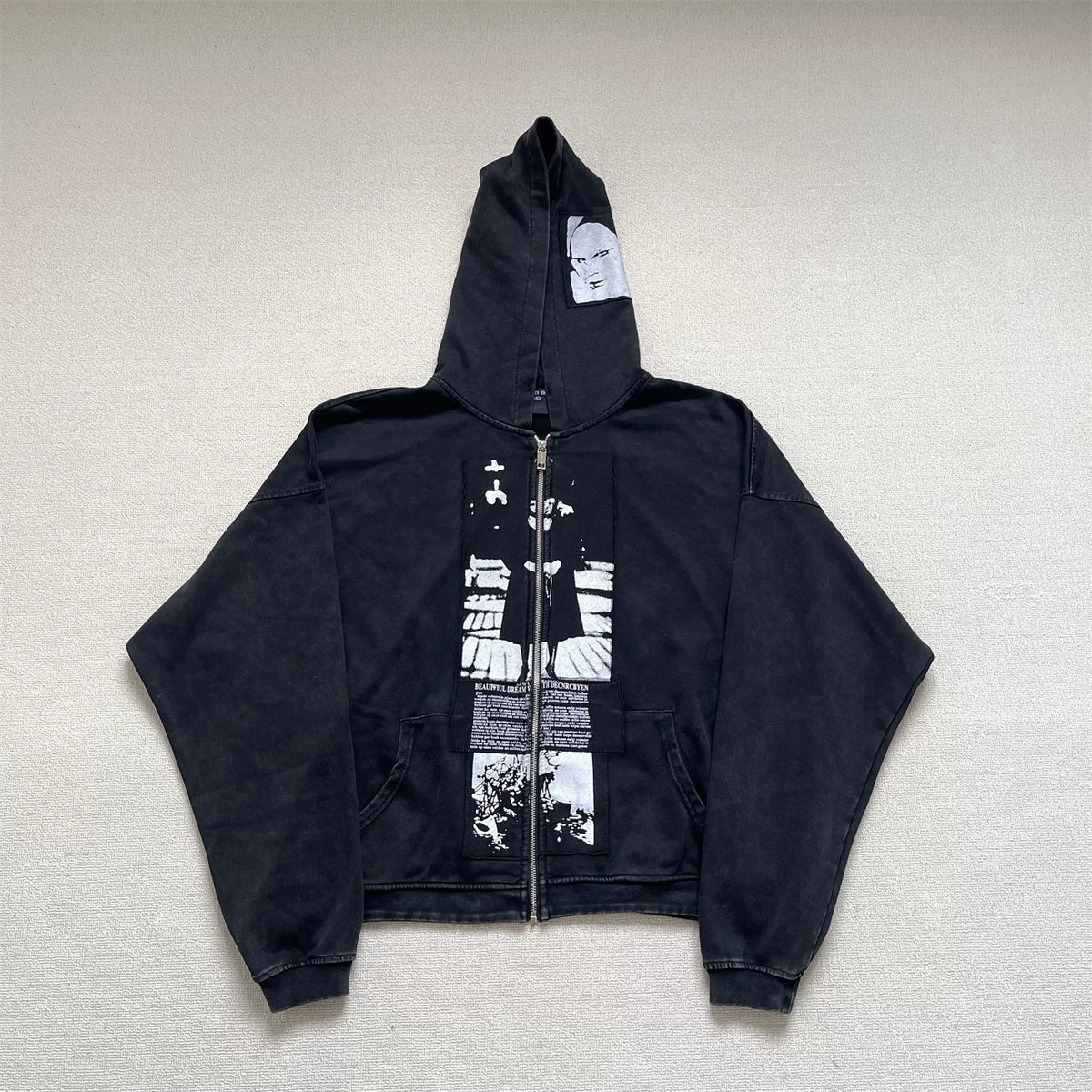 Vintage Washed Art Patch Zip‑Up Oversized Hoodie