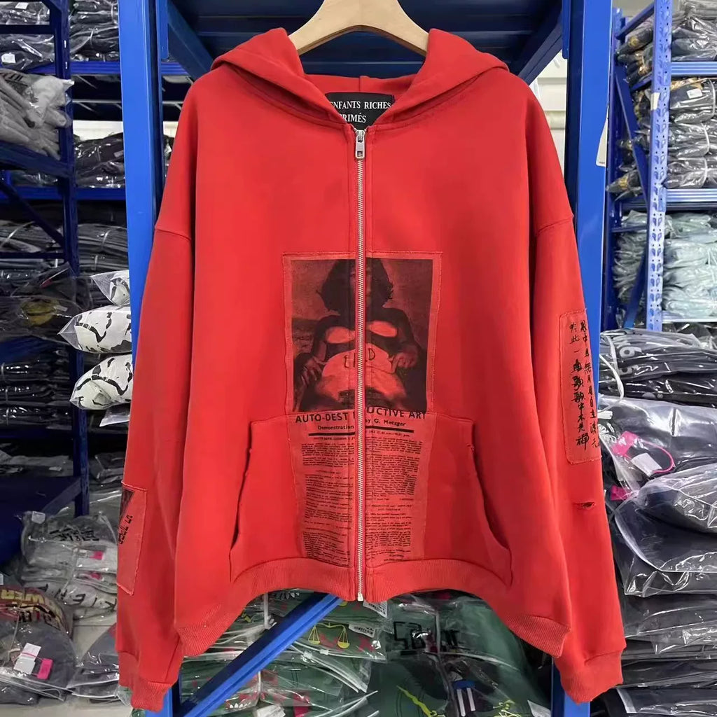 ERD Vintage Washed Red Newspaper Collage Graphic Cropped Zip‑Up Oversized Hoodie