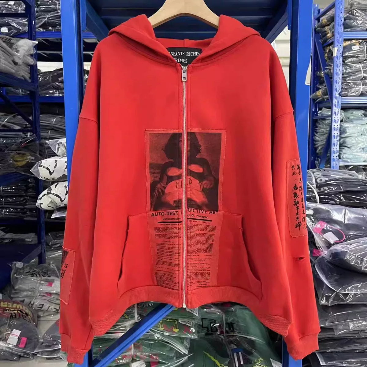 ERD Vintage Washed Red Newspaper Collage Graphic Cropped Zip‑Up Oversized Hoodie