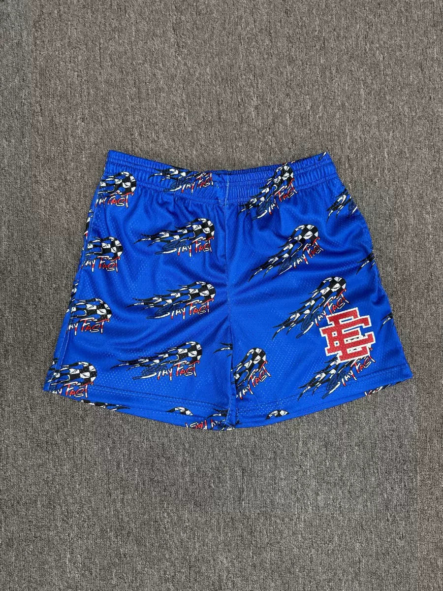 Eric Emanuel EE Blue Racing Flag "Stay Fast" Print Mesh Short