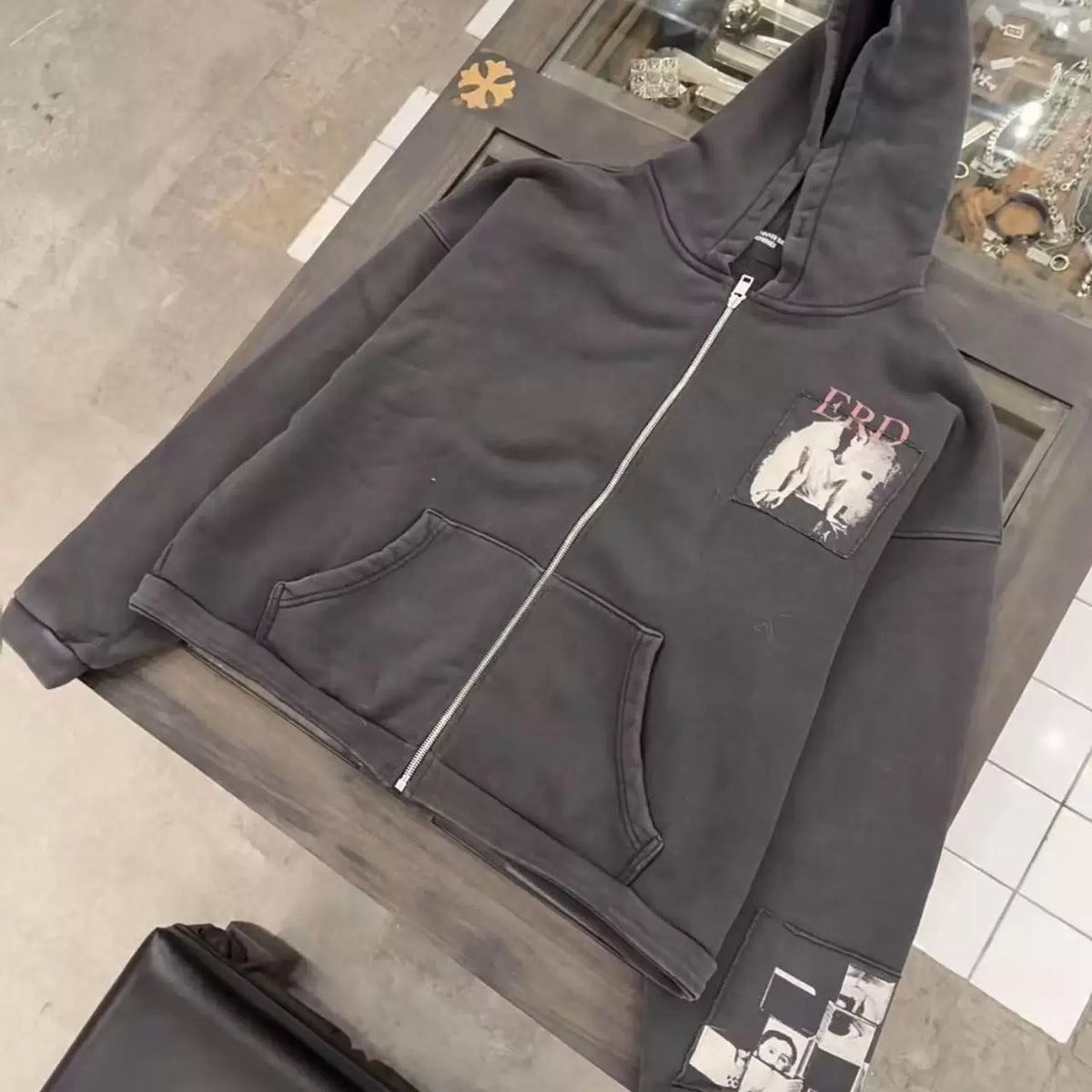 ERD's Retro Washed Patchwork Print Zip Hoodie