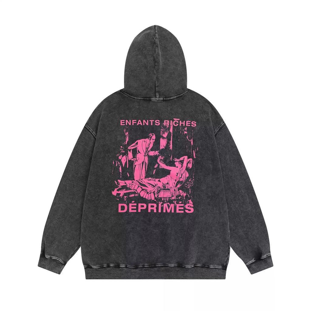ERD Style Front‑Back Neon Pink Vintage Print Hoodie