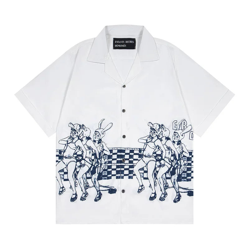 ERD Vintage Comic Print Camp Collar Short Sleeve Button‑Up Shirt