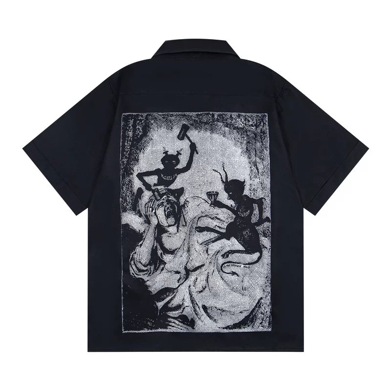 ERD's Vintage Oil Painting Figure Print Camp Collar Short Sleeve Shirt