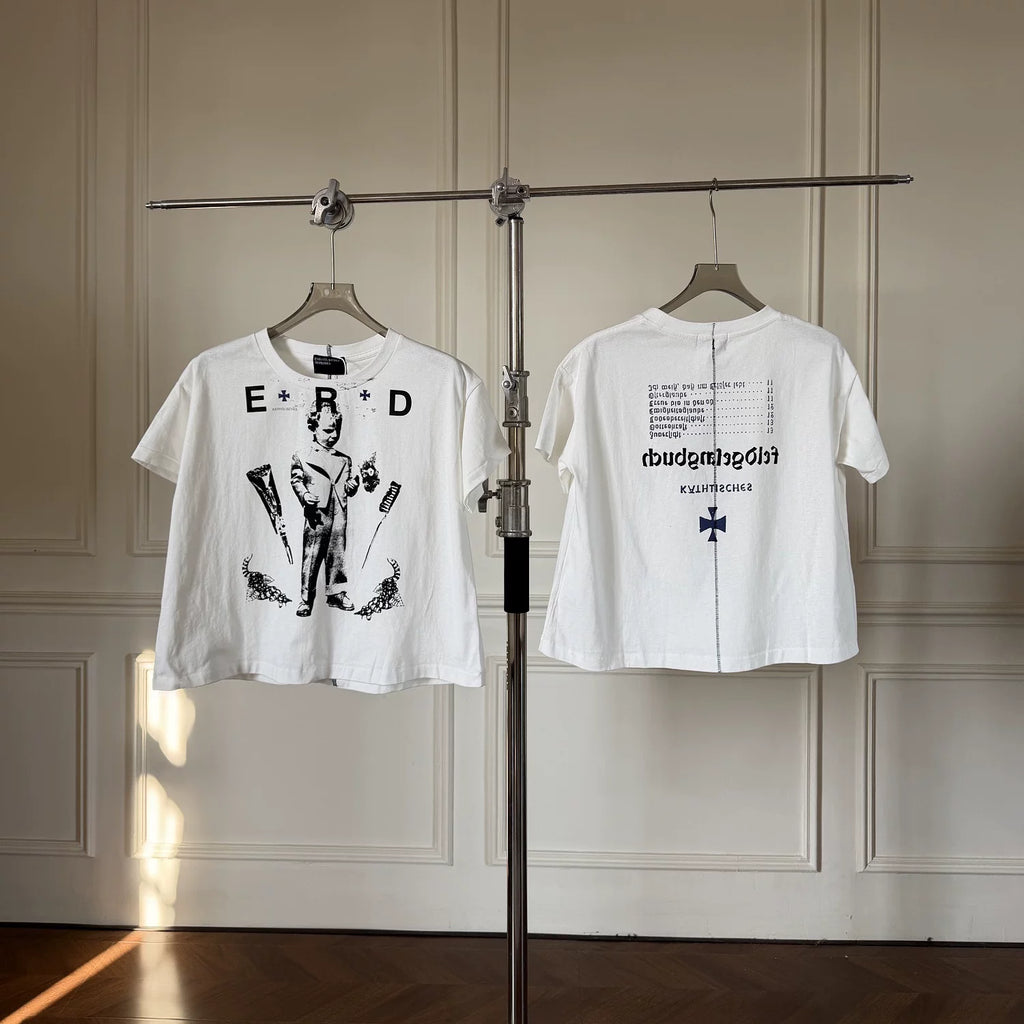 ERD Vintage Washed White Cropped Short Sleeve T‑Shirt