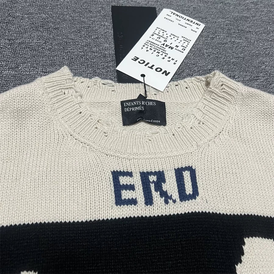 ERD Black‑White Figure Jacquard Cropped Distressed Crew Neck Unisex Knit Sweater