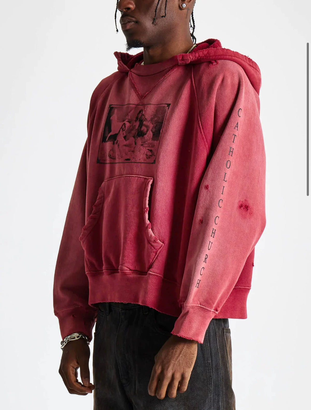 Vintage Faded Red Distressed Art Print Oversized Hoodie