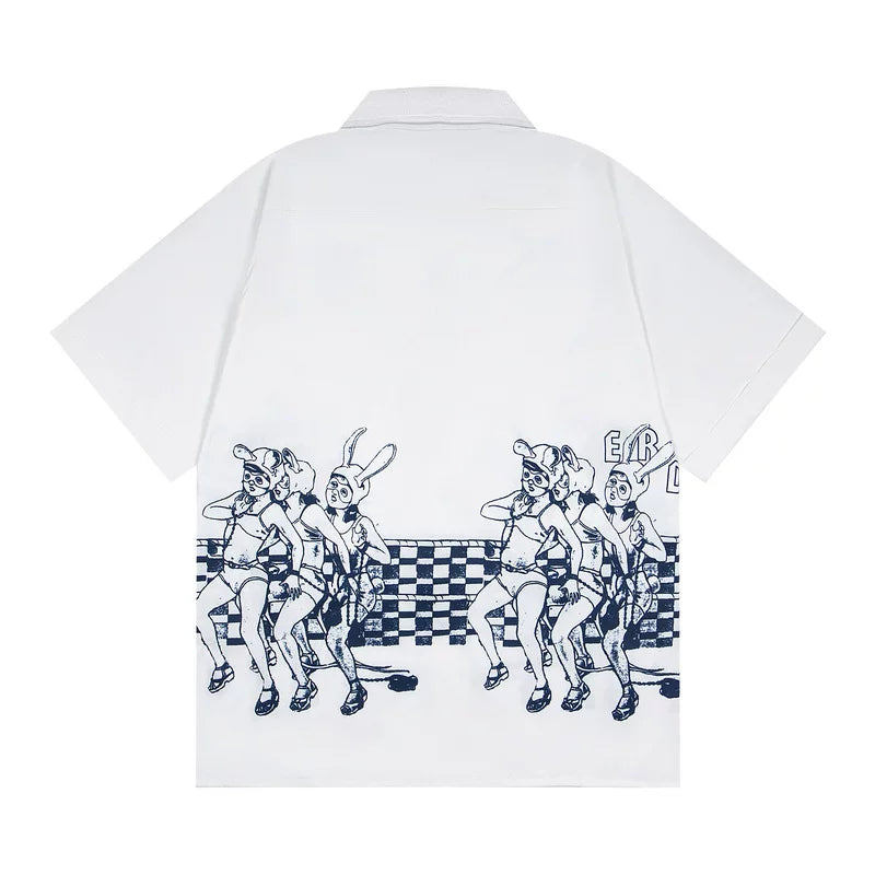 ERD Vintage Comic Print Camp Collar Short Sleeve Button‑Up Shirt