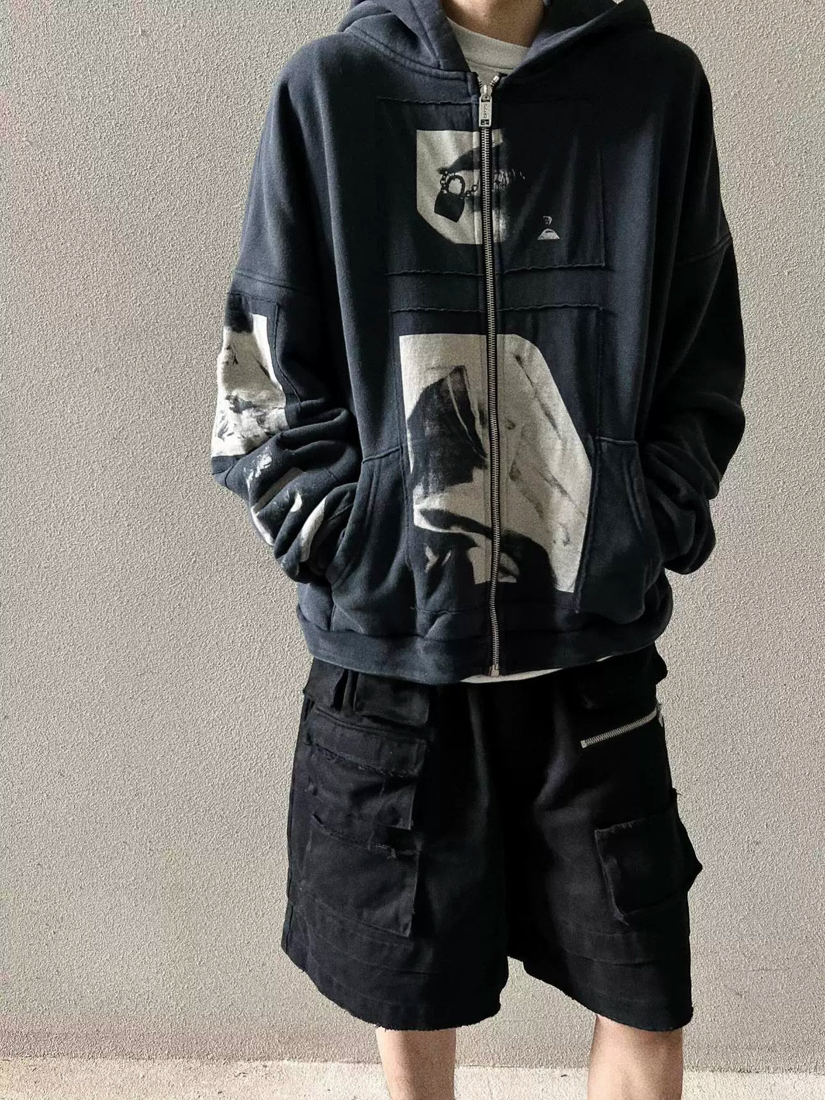 ERD Vintage Washed Navy Back Patch Graphic Cropped Oversized Hoodie