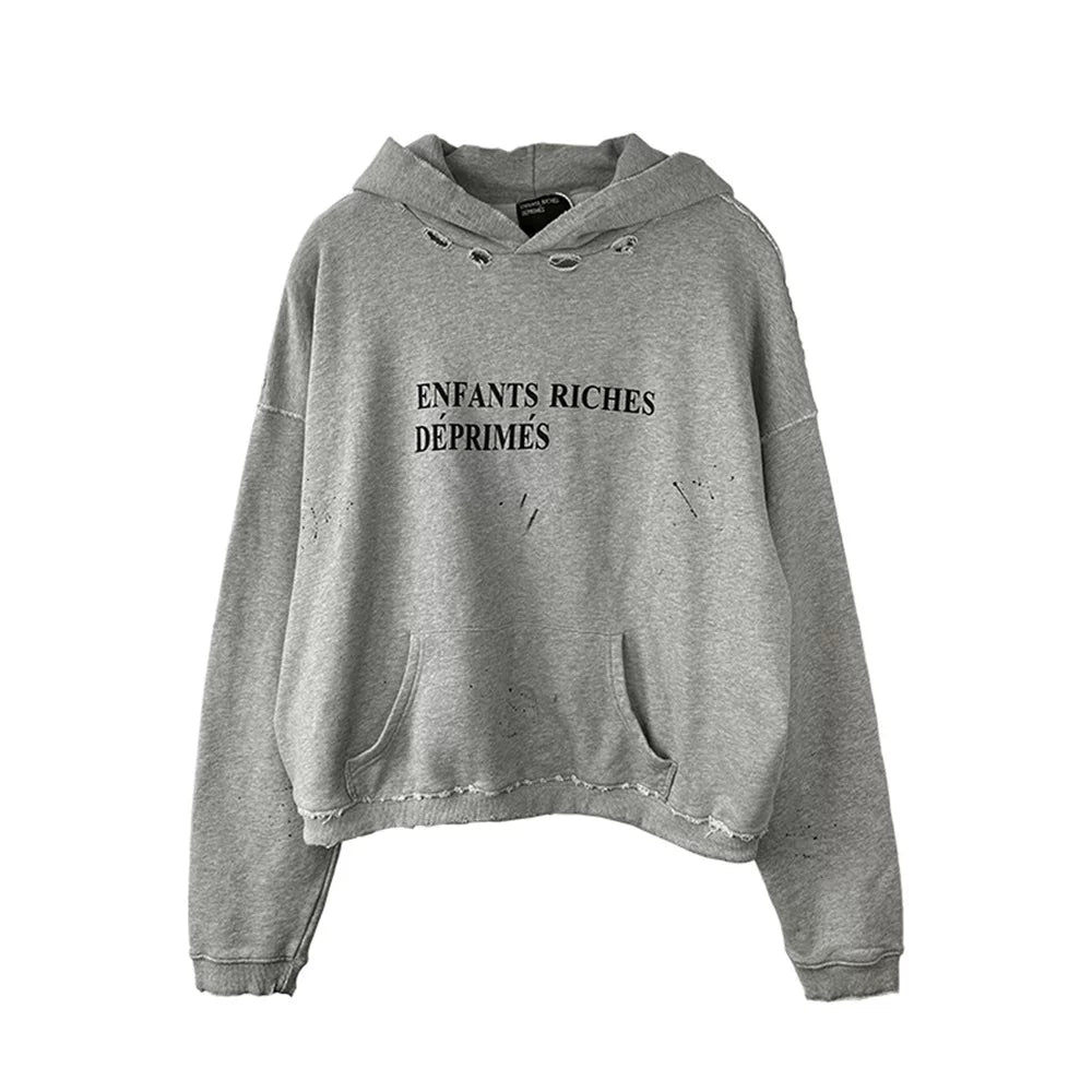 Grey Distressed Ripped French Letter Oversized Hoodie