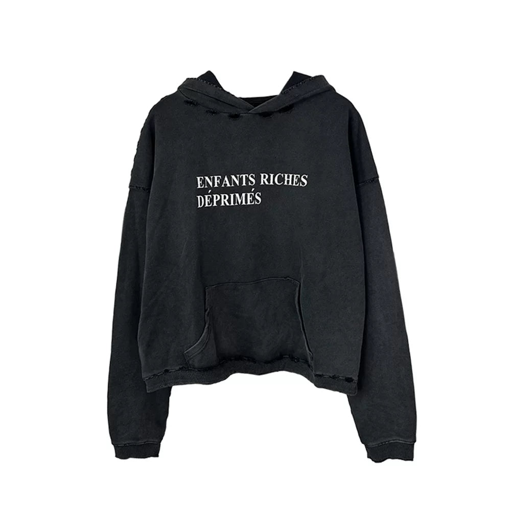 Vintage Washed Distressed French Letter Oversized Hoodie