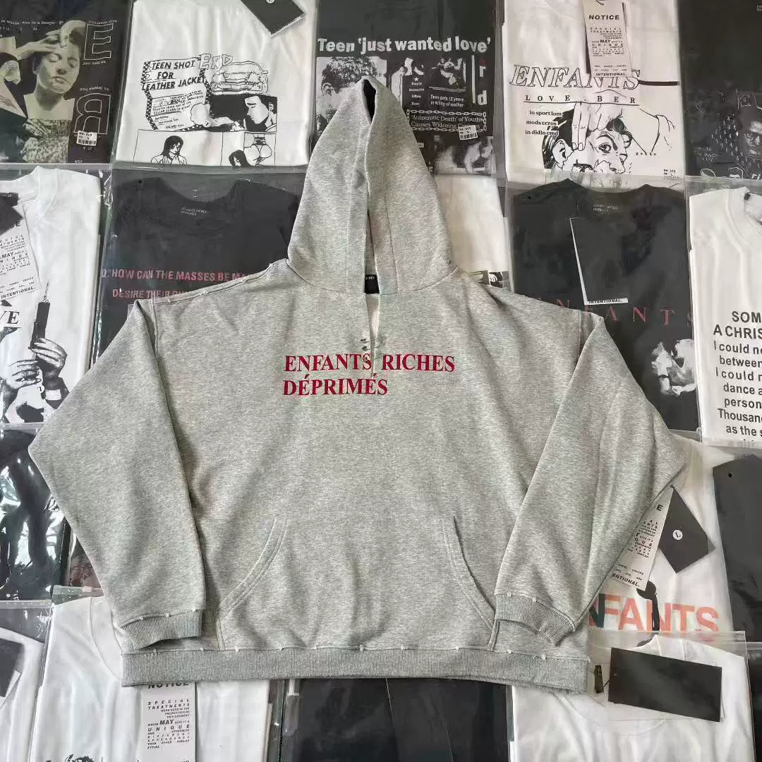 ERD Heather Grey Enfants Riches Déprimés Burgundy Embroidered Cropped Oversized Unisex Hoodie