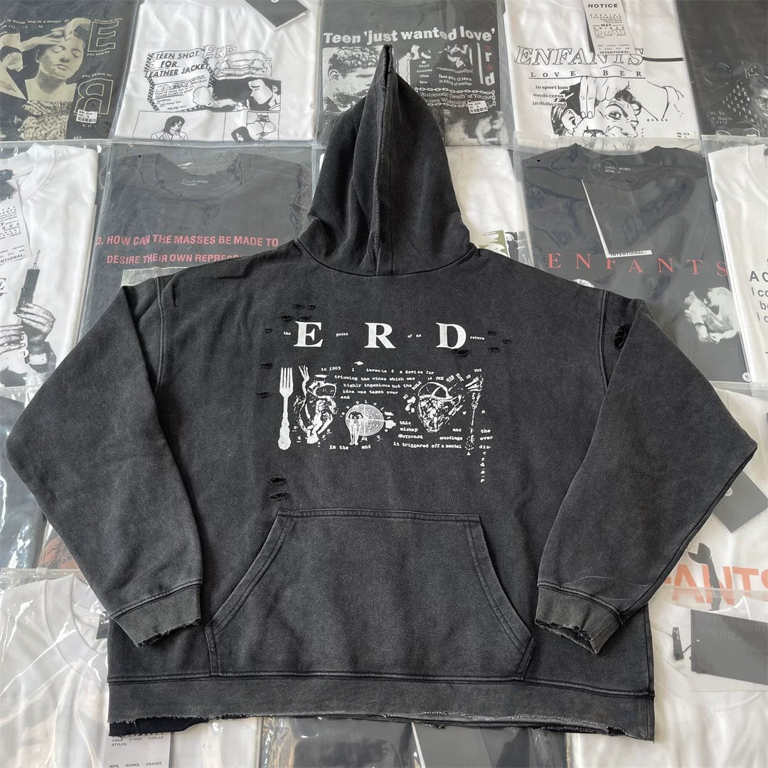 ERD Vintage Washed Black E.R.D Letter Newspaper‑Style Distressed Cropped Oversized Hoodie