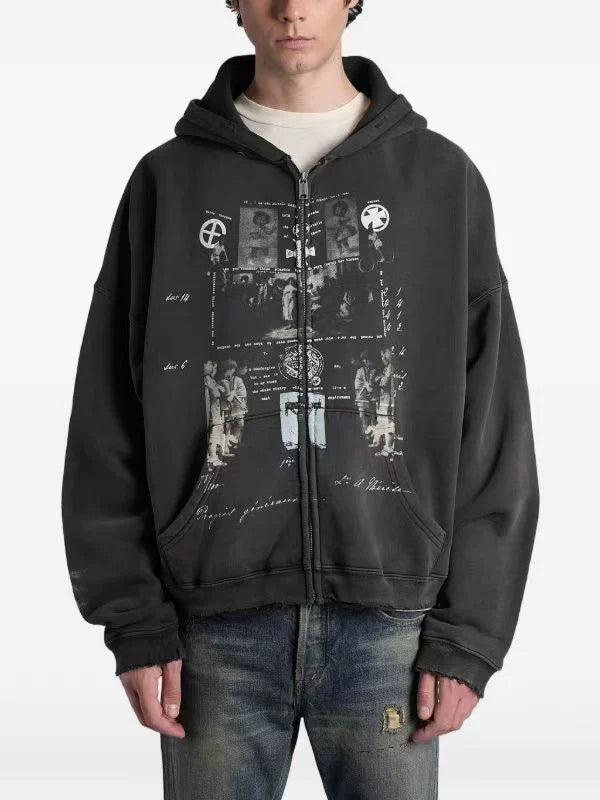 ERD Vintage Washed Black Zip‑Up Hoodie